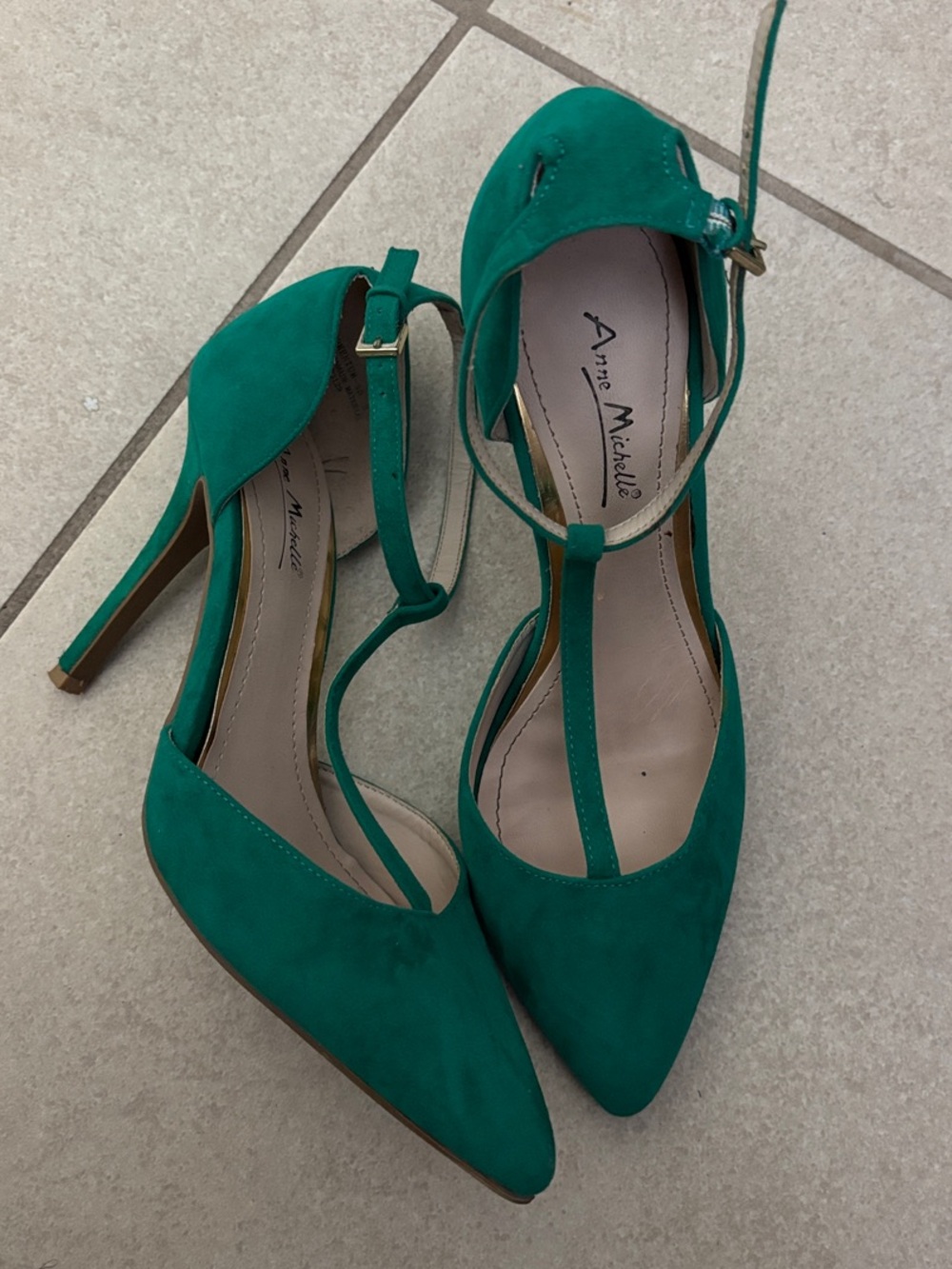 Anne Michelle Green T-Strap Pointed Toe Heels